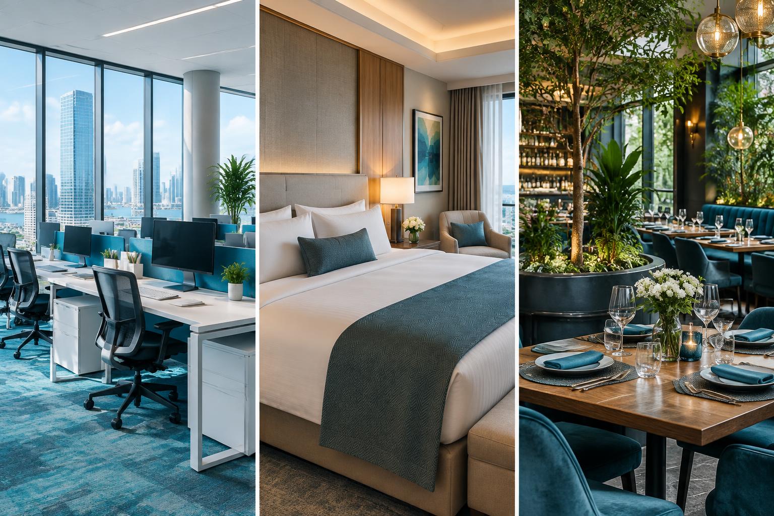 Modern corporate office, hotel room and restaurant